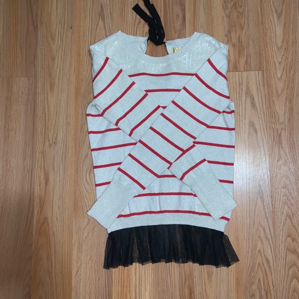 Vera Wang sweater , black tulle, bow, red stripes.
